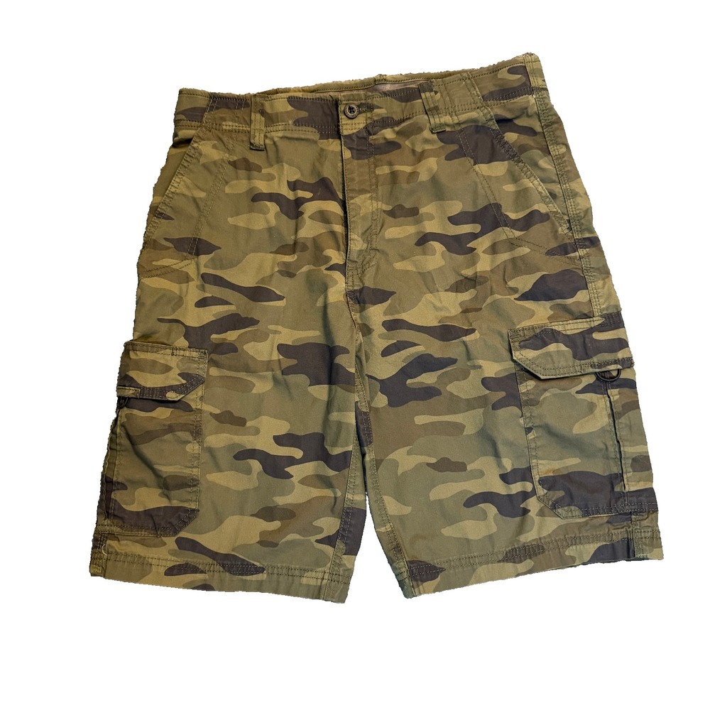 Lee Extreme Motion Mens Sz 33 Cargo Camo Green Brown Stretch Shorts